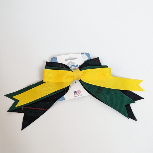 Schoolbelles Navy Green & Yellow Triple Cheer Bow Hair Clip - Picture 1 of 3